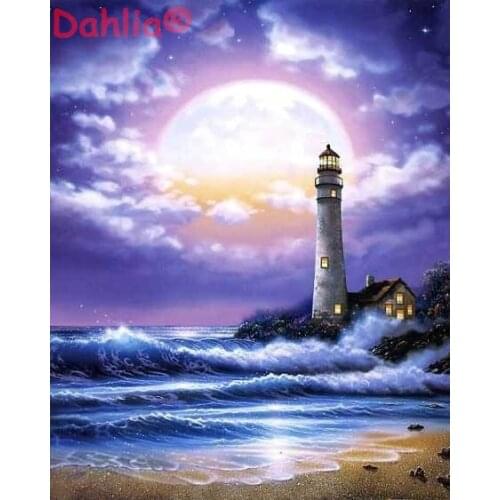 Lighthouse large moon Seaside Scenery Needlework Embroidery DIY Cross Stitch Kits Crafts 14CT Unprinted Home Decor Handmade
