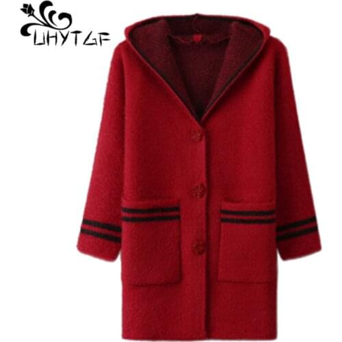 UHYTGF Autumn sweater womens mid-length hooded Warm winter sweaters jacket Knitted cardigan Thicken plus size coat Female 1247