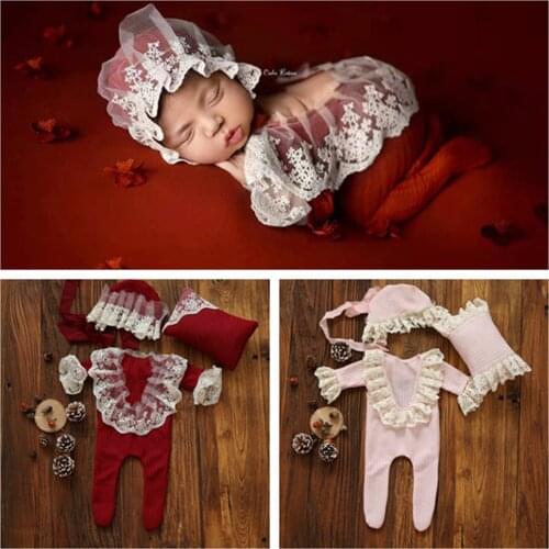 0-3Month Baby Girl Christmas Birthday Party Lace Clothing Newborn Photography Props Romper+Pillow+Hat Set Photo Shoot Accessorie