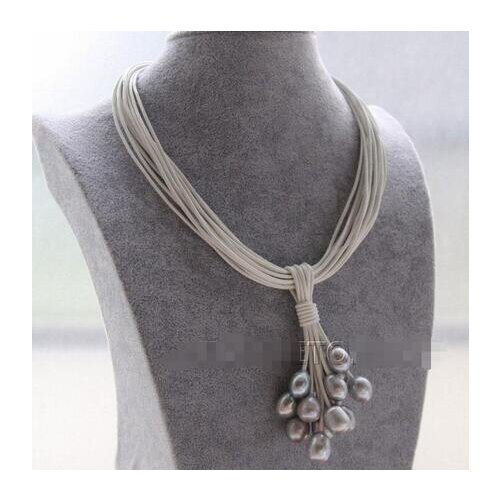 New 15Strands white leather gray pearls Choker necklace pendant