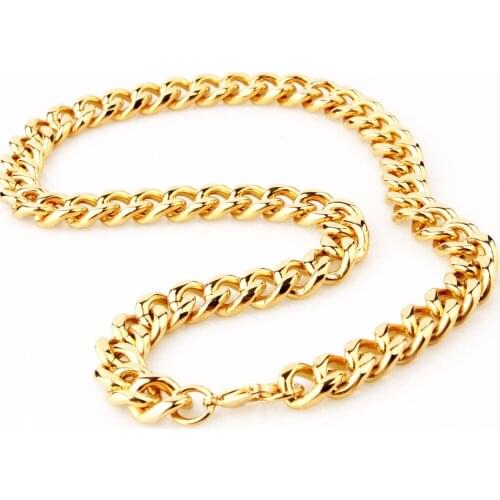 Tisnium 13/15mm Gold/Silver Color Mens Necklace Stainless Steel Miami Link Double Curb Cuban Chain Punk Hip-hop Boys Jewelry