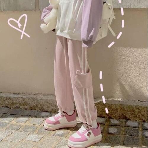 QWEEK Kawaii Pink Oversized Joggers Sweatpants Women Soft Girl Autumn Jogging Sports Pants Baggy Casual Wide Leg Trousers Female