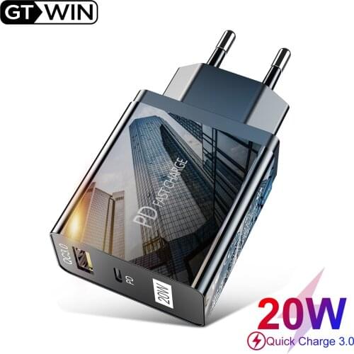 GTWIN PD20W Quick Charging Wall Charger EU/US Plug Type-C USB Power Adapter For Xiaomi 9 8 Samsung S10 iPhone 12 Phone Charger