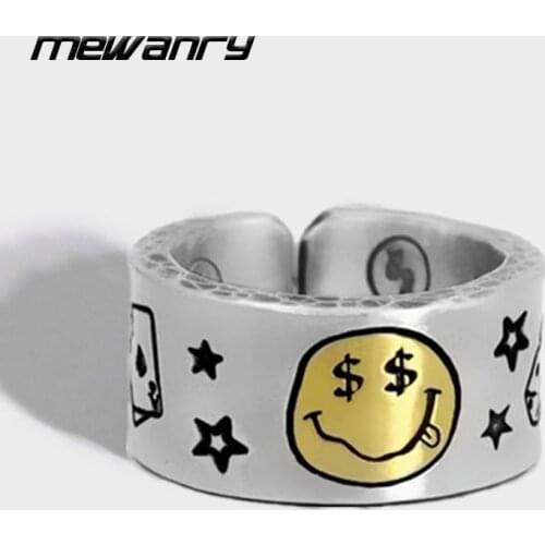 Mewanry 925 Sterling Silver Wide Rings INS Trendy Vintage Elegant Simple Smiley Face Stars Pattern Party Jewelry Gifts for Women