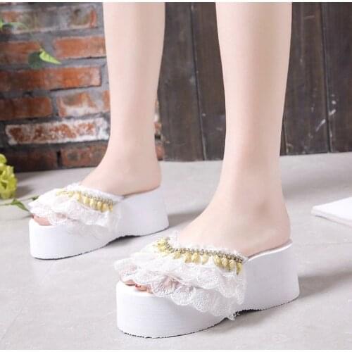 VOGELLIA Summer Flip Flops Women High Heels Crystal Lace Slippers Chunky Beach Flip Flops Platform Shoes For Woman Slides Shoes