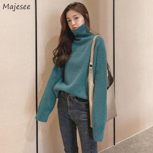 Turtleneck Sweater Women Blue Solid Korean Style Students All-match Vintage Elegant Comfortable Harajuku Loose Casual Slim Chic