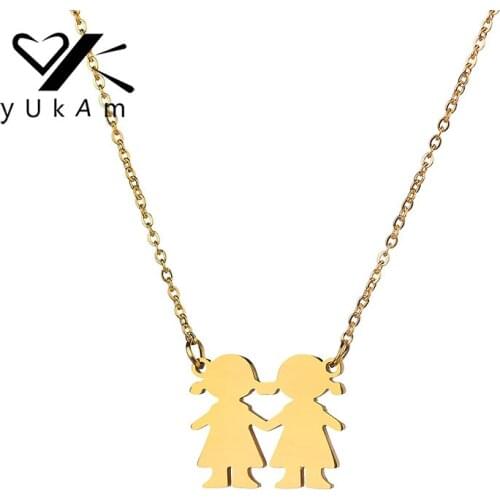 YUKAM Simple Jewelry Gold Stainless Steel Love Family Little Twins Sister Pendant Necklaces BFF Best Friend Necklaces for 2 Girl
