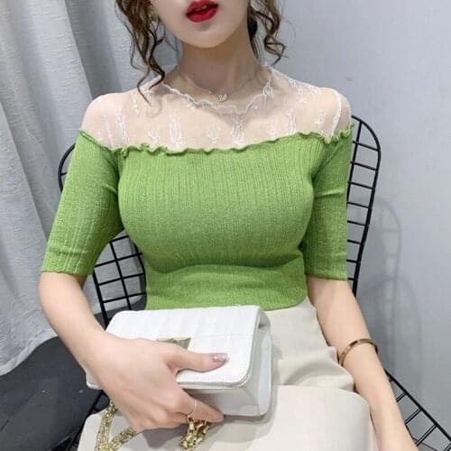 Women Spring Summer Style Lace Patchwork Blouses Shirts Lady Casual Short Sleeve Sexy Blusas Tops ZZ0135