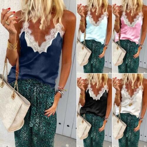 Women Summer Chiffon Sleeveless Lace Mesh Loose Vest V-Neck Cami Soft Tank Top