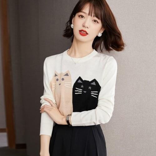 New Spring Autumn Womens Sweater Retro Cartoon Cat Embroidery Pullovers Sweaters New Loose Korean O-Neck Casual Tops Pull Femme