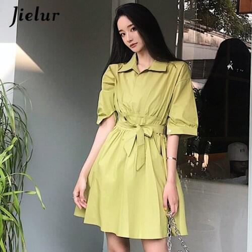 Jielur 2021 Fashion Korean Dress Women Sashes White Green Solid Retro OL Casual Slim Dresses Unique High Street Korean Vestidos
