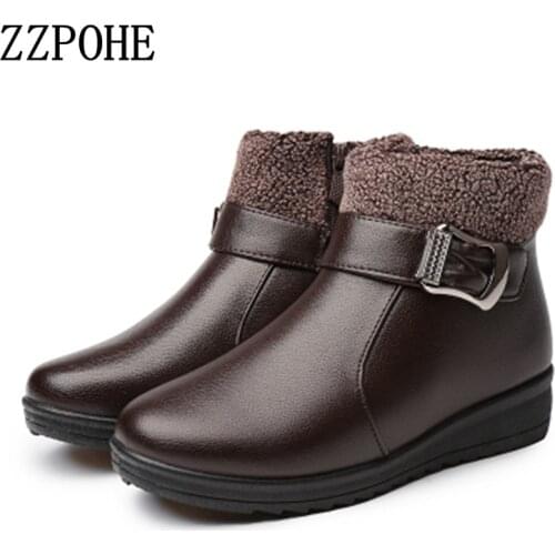 ZZPOHE Winter women ankle boots Fashion Pu Leather Casual Warm comfortable Mother snow boots Grandmother Slip-On cotton shoes
