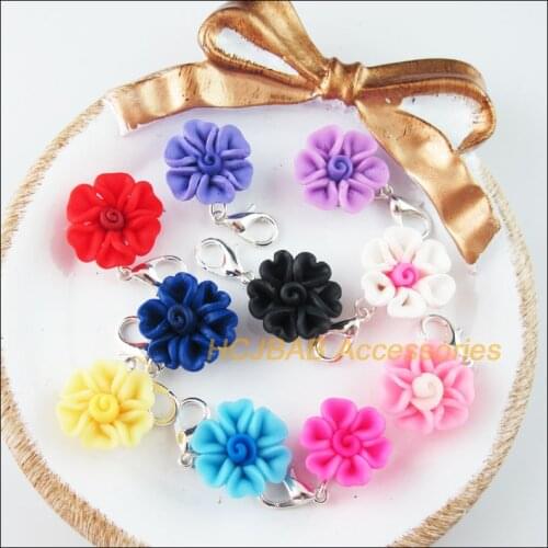 10Pcs Mixed Clay Heart Flower Charms Silver Plated With Clasps 15mm