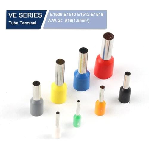 100pcs VE TUBE E1508 E1510 E1512 E1518 Ferrules Cord End Crimping Terminal Tubular Wire Connector Crimp Terminal 16 AWG 1.5mm2