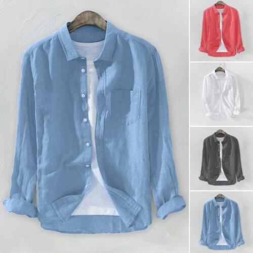 2021 Summer Plus Size Mens Baggy Solid Cotton Linen Long Sleeve Button Pocket Shirts M-3XL