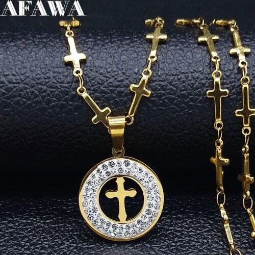 2021 Fashion Cross Stainless Steel Crystal Necklace for Women Gold Color Necklaces & Pendants Jewerly collier femme N19509