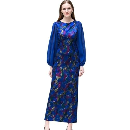Vintage Lantern Sleeve Split Slim Cut Long Dress Jacquard Dress Elegant Ladies Evening Party Pencil Dress 6605