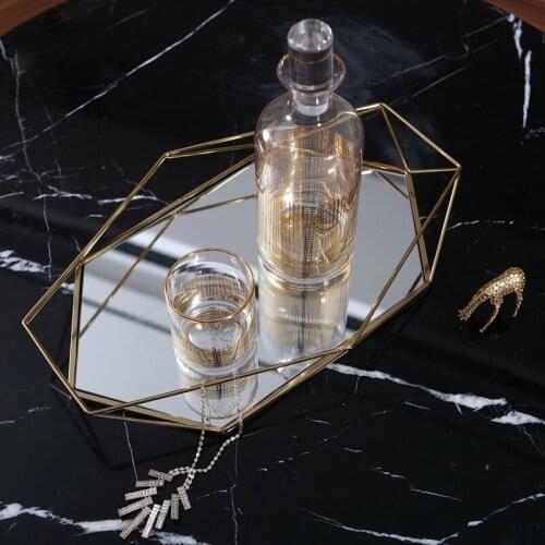 European Hollow Out Glass Mirror Trays Decorative Metal Octagon Large Perfume Cosmetic Container Wedding Decoration Ornaments