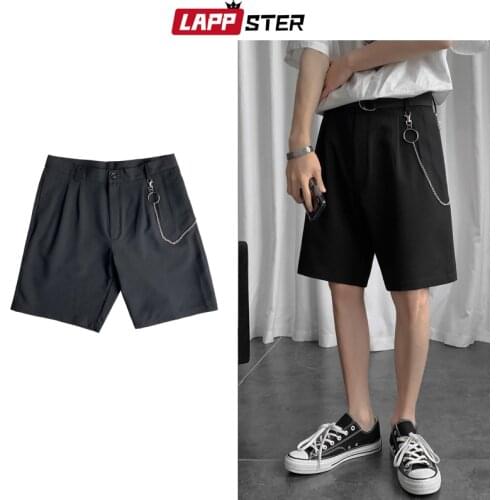LAPPSTER Men Korean Fashions Shorts Free Chain 2021 Summer Design Kpop Streetwear Punk Pants Male Casual Black Loose Shorts