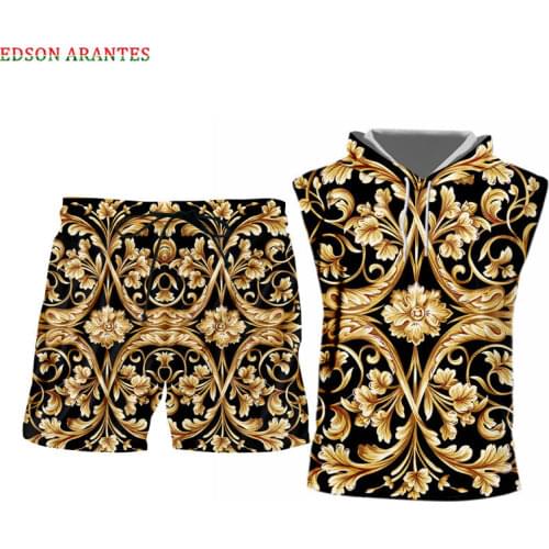 Summer Sleeveless Hoodie Tank Tops+Shorts 2 piece Sets Outfits Unisex Golden Floral 3d Print Gym Vest Tracksuits Custom S-6XL