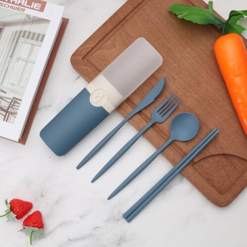 Reusable Spoon Fork Travel Picnic Chopsticks Wheat Straw Tableware Cutlery Set Dinnerware with Carrying Box For Student Office