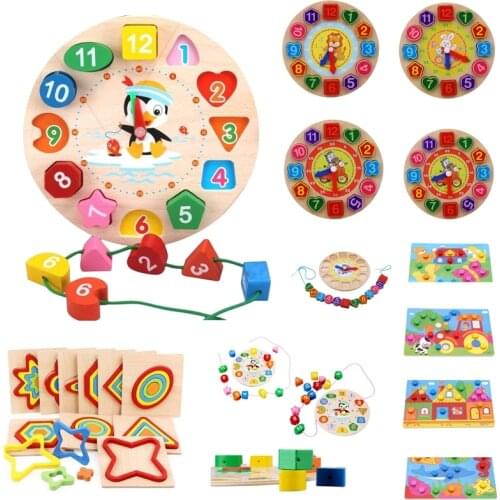Montessori Cartoon Animal Educational Wooden Beaded Geometry Digital Clock Puzzles Gadgets Matching Clock Toy For Children
