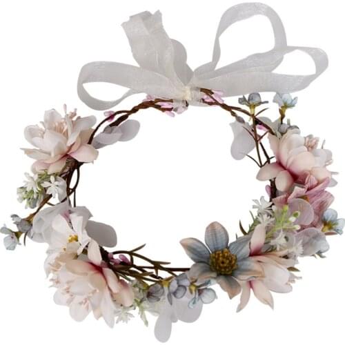 N7MF Boho Simulation Flower Headband Hair Wreath Women Bridal Floral Garland Crown Halo Headpiece with Ribbon Wedding Holiday