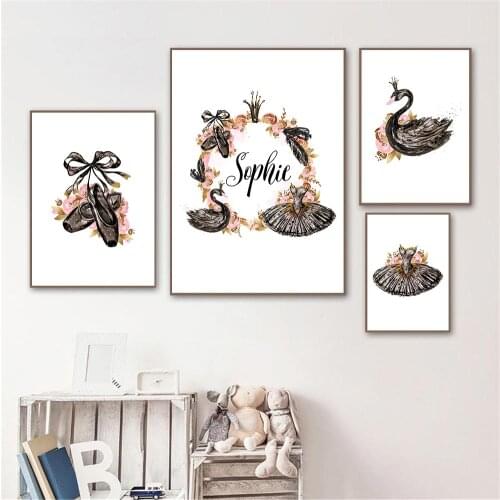 Baby Custom Name Swan Princess Wall Art Poster Ballerina Dress Toe Shoe Canvas Painting Flower Prints Nordic Pictures Home Decor