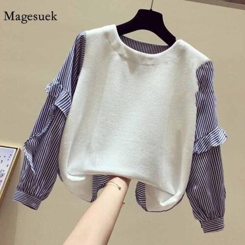 Striped Shirt Stitching T-shirt Womens Long Lantern Sleeves Blouses 2020 Spring and Autumn New Loose Korean O- Neck Tops 11941
