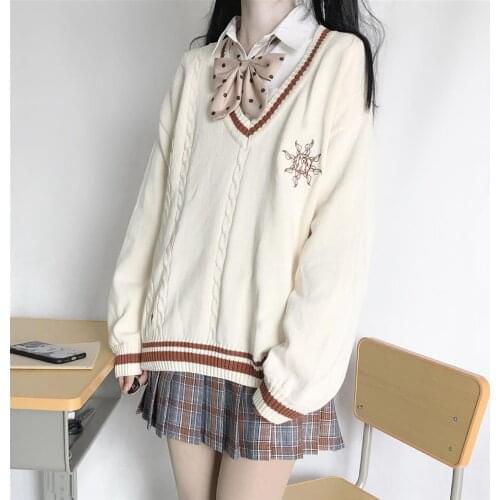 2021 New Arrival Autumn And Winter New Pullovers Women V-neck Jk Sweaters Embroidery Retro Schoolgirls Knitted Womens Warm Tops