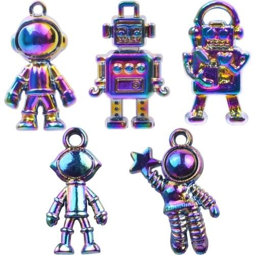 5Pcs/Lot Rainbow Cartoon Satellite Rocket Astronaut Charms Robot Pendant For Necklaces Earrings Kids Gift Jewelry Making