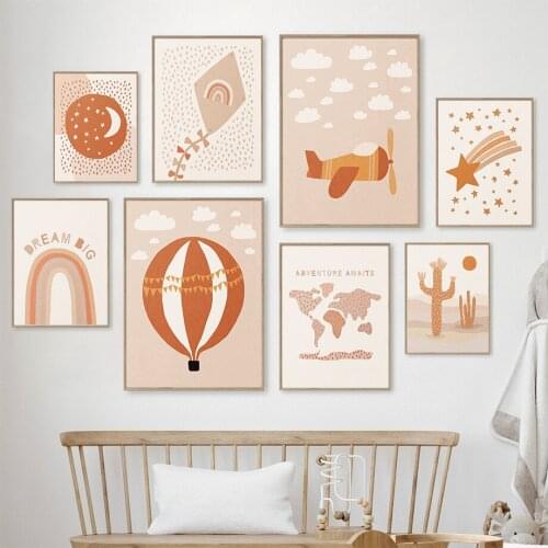 Airplane Hot Air Balloon World Map Cartoon Baby Nordic Posters And Prints Wall Art Canvas Painting Wall Pictures For Kids Room