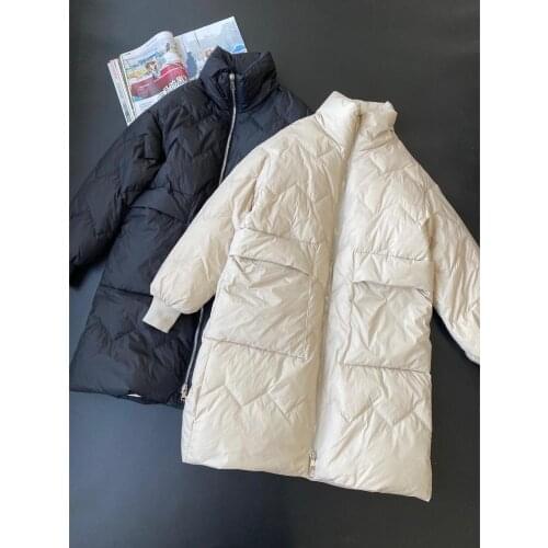 Warm winter stand-up collar loose-aged over-the-knee mid-length white duck down down jacket solid color fashion womens jacket