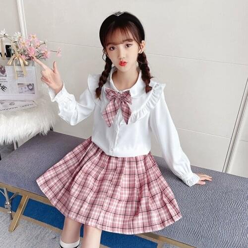 2021 Spring And Autumn Childrens Wear Bowknot Lace Collar Sweet Top And Plaid Skirt Two-piece Uniform Set For Teenage Girls