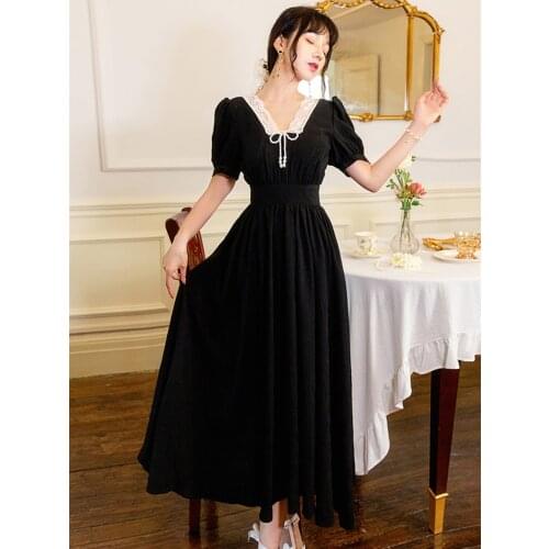 Retro Girl Tea Break French Red Square Collar Palace Dress Temperament Feminine Maxi Dress Lace Square Collar Elegant Robe Femme