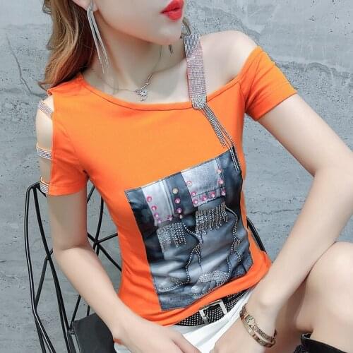 #0168 White Black Green Orange Open Shoulder Tops T Shirt Women Summer Sexy Slim Diamonds Print Fashion Clothes Short Sleeves