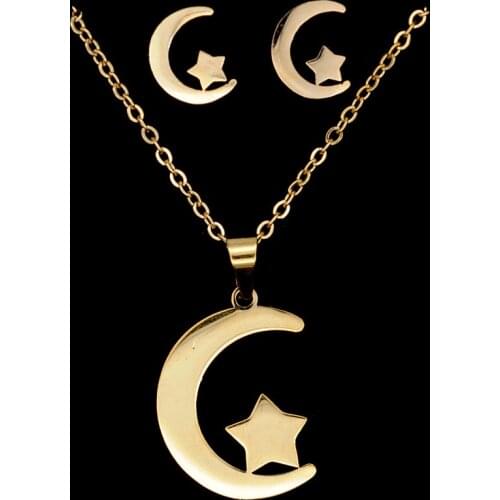 100% Stainless Steel PVD Gold Filled Moon Star Earring Necklace Jewelry Set Stud Earrings Dropshipping AAAAA Quality Wholesale