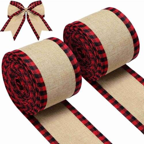 2 Rolls/5.5m Buffalo Plaid Wired Edge Ribbons Christmas Burlap Fabric Craft Ribbon Natural Wrapping Ribbon Rolls