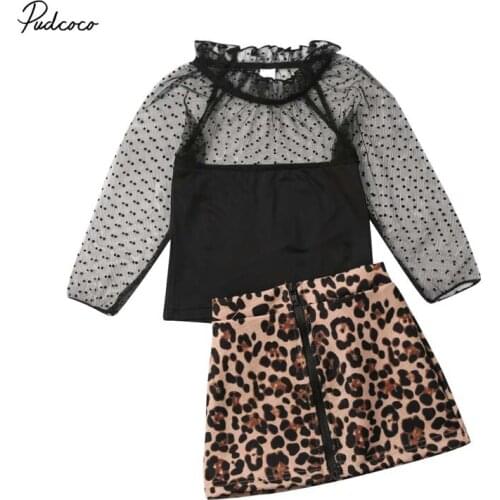 2019 Brand Toddler Kids Baby Girl Infant Clothes Lace Sleeve Blouse Tops Leopard A-line Skirts Dress Outfit Set New Fashion 2Pcs