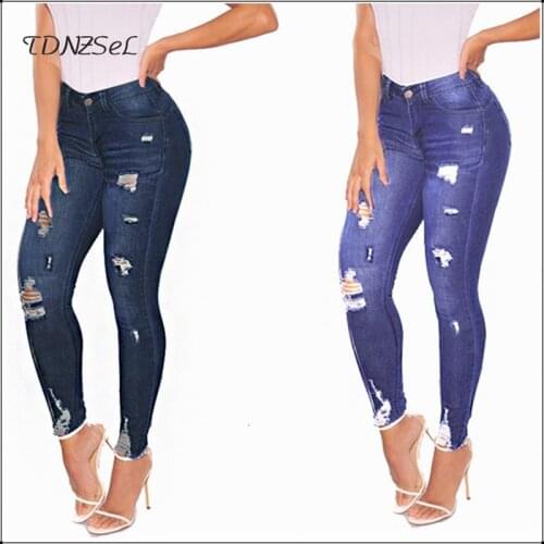 2020 Women Casual Skinny Torn Hole Jeans Slim Washed Denim Ripped Pencil Pants Gradient Blue Boyfriend Jeans Streetwear Trousers