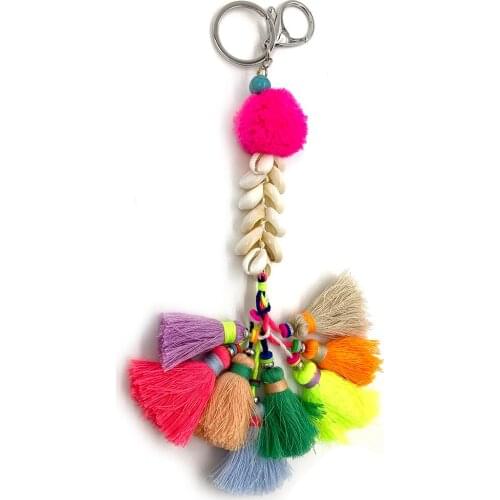 2021New spring bohemian colorful tassel key Chain pompoms shell cowrie beads Bag pendant for women