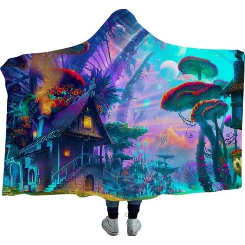 3D Fantasy fairy tale landscape Hooded Blanket Sherpa Fleece Ocean Blue Wearable plush Throw Blanket on Bed Sofa Thick warm