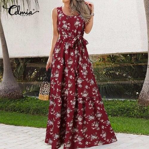 Celmia 2021 Women Summer Dress Sexy Sleeveless Floral Print Belted Long Dress Casual Loose Party A Line Oversize Sundress Beach