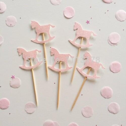 Cheap Rocking Horse Glitter Cupcake Toppers baby shower birthday cake toothpicks wedding topper