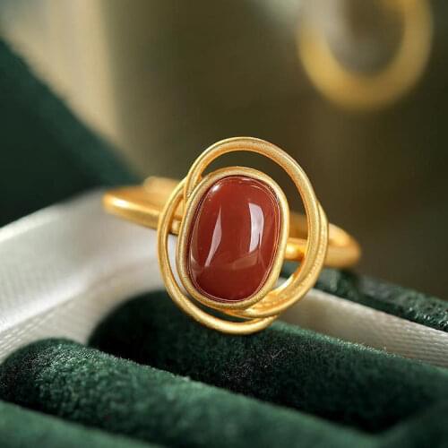 Designer original new natural chalcedony geometric shape retro fashion ladies silver jewelry opening adjustable ring ring