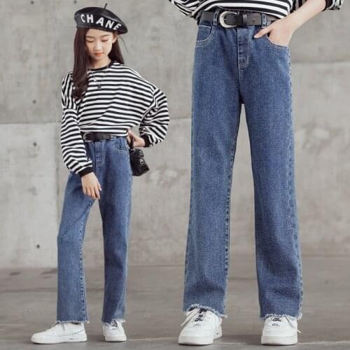 Spring Autumn Teen Girls Denim Pants Solid Color Kids Bottoms Clothes Childrens Jeans Fashion Streetwear Loose Pants 4-14Years