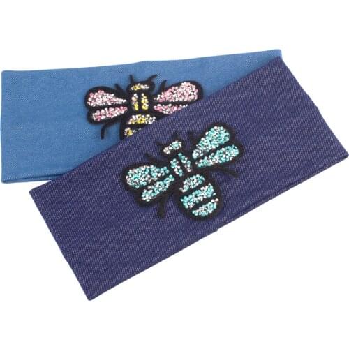 Geebro New Womens Fashion Headwear Casual Bee Rhinestones Headbands For Girls Denim Flat Head Band Hair Accessories