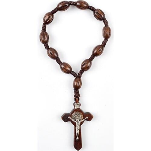 KOMi Religious Catholic Brown Wooden Beaded Jesus Cross Pendant Bracelets Men Women Rosary Beads Bangles Jewelry Armband R-310