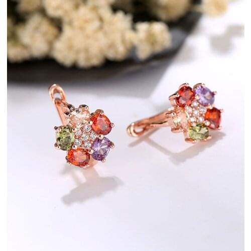 HUAMI Colorful Rose Gold Earrings Flower Sweet Environmental Protection Copper Zinrcon Jewelry for Gilr New Year Gift Ins Sale
