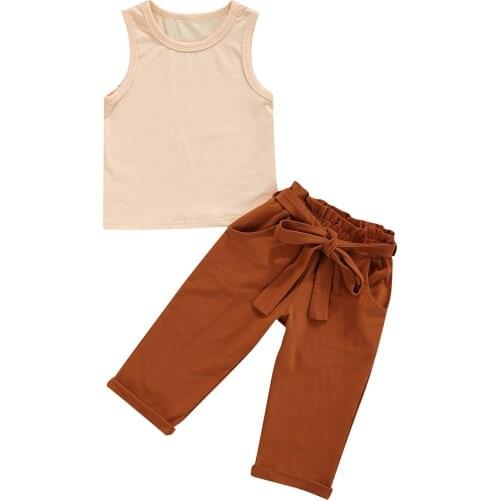 Summer Fashion Kids Girls Clothes Sets Solid Sleeveless Vest + Brown Bow Pants with Belt 1-6Y